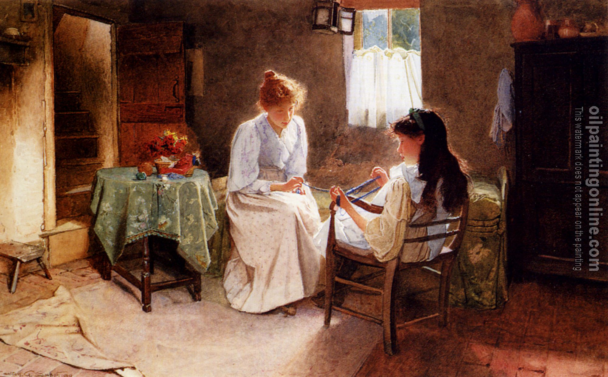 Smith, Carlton Alfred - Two Girls In An Interior Winding A Skein Of Wool